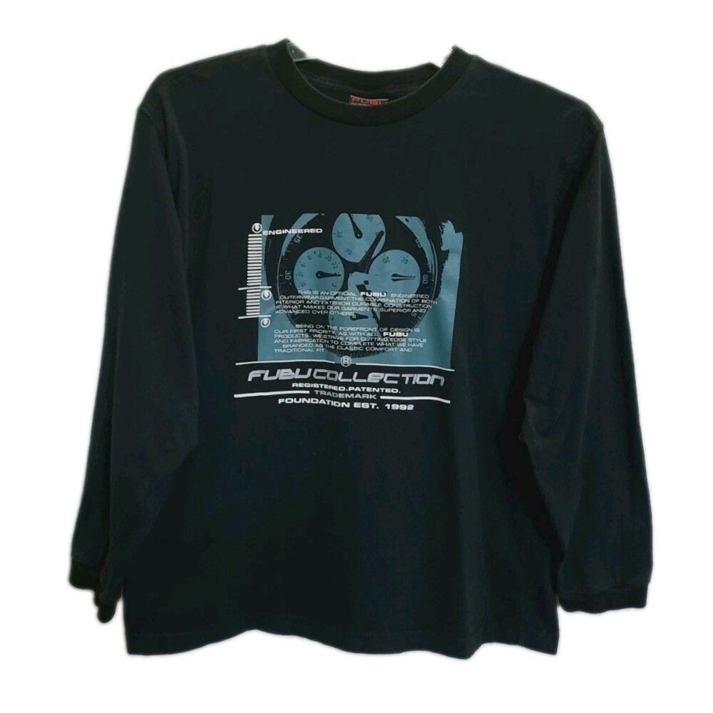 Vintage 90s FUBU Collection Long Sleeve Graphic Tee Black Youth  L Y2K...